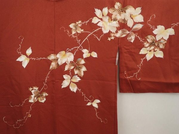 Photo3: 6910T08z560 Vintage Japanese Kimono Silk HAORI Leaf Red-Brown (3)