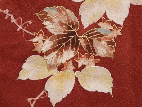Photo4: 6910T08z560 Vintage Japanese Kimono Silk HAORI Leaf Red-Brown (4)