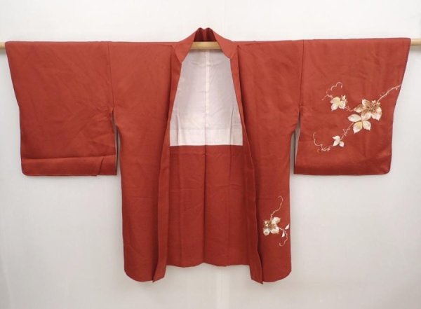 Photo5: 6910T08z560 Vintage Japanese Kimono Silk HAORI Leaf Red-Brown (5)