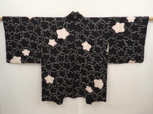 Photo1: 6910T09z430 Vintage Japanese Kimono Silk HAORI Maple Black (1)