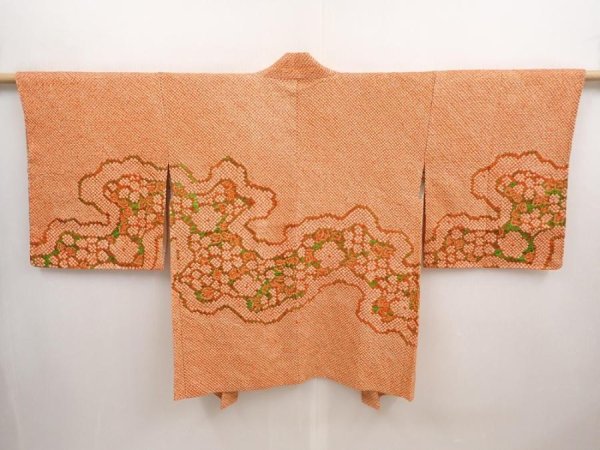 Photo1: 6910T10z510 Vintage Japanese Kimono Silk SHIBORI HAORI Flower Dark orange (1)