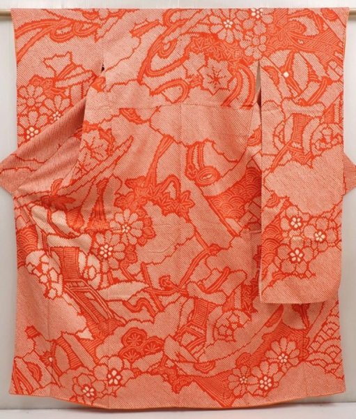 Photo1: 6910T11z1190 Vintage Japanese Kimono Silk FURISODE Royal cart Tomato red (1)