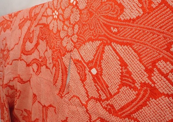 Photo2: 6910T11z1190 Vintage Japanese Kimono Silk FURISODE Royal cart Tomato red (2)