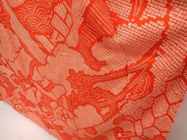 Photo4: 6910T11z1190 Vintage Japanese Kimono Silk FURISODE Royal cart Tomato red (4)