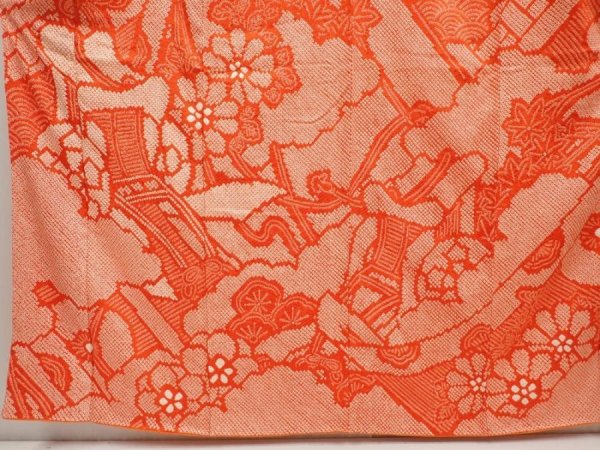 Photo5: 6910T11z1190 Vintage Japanese Kimono Silk FURISODE Royal cart Tomato red (5)