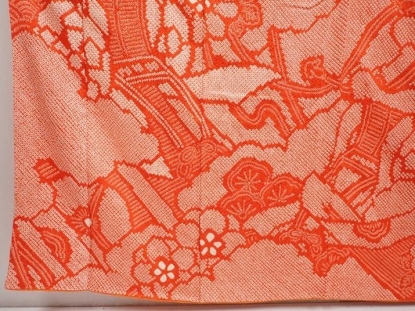 Photo6: 6910T11z1190 Vintage Japanese Kimono Silk FURISODE Royal cart Tomato red (6)