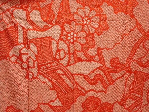 Photo8: 6910T11z1190 Vintage Japanese Kimono Silk FURISODE Royal cart Tomato red (8)