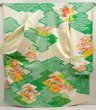 Photo1: 6910T12z970 Vintage Japanese Kimono Silk FURISODE Peony Green (1)
