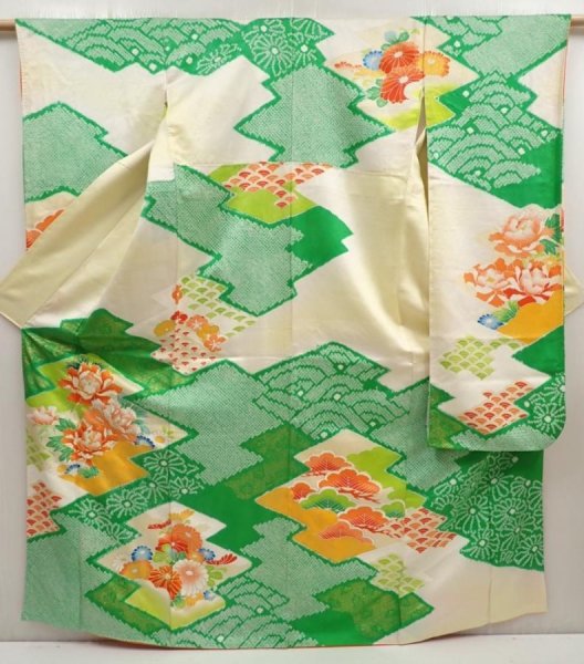 Photo1: 6910T12z970 Vintage Japanese Kimono Silk FURISODE Peony Green (1)