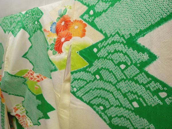 Photo2: 6910T12z970 Vintage Japanese Kimono Silk FURISODE Peony Green (2)