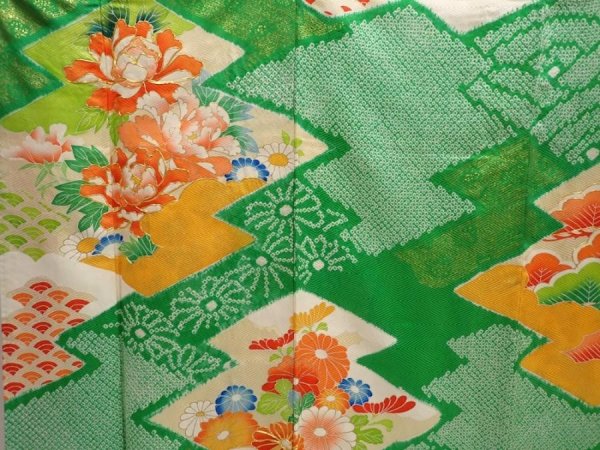 Photo4: 6910T12z970 Vintage Japanese Kimono Silk FURISODE Peony Green (4)