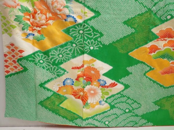 Photo5: 6910T12z970 Vintage Japanese Kimono Silk FURISODE Peony Green (5)
