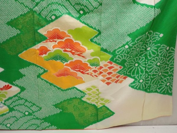 Photo7: 6910T12z970 Vintage Japanese Kimono Silk FURISODE Peony Green (7)