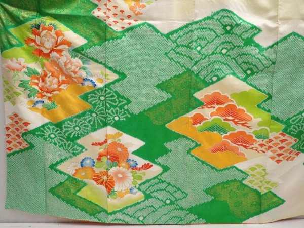Photo8: 6910T12z970 Vintage Japanese Kimono Silk FURISODE Peony Green (8)