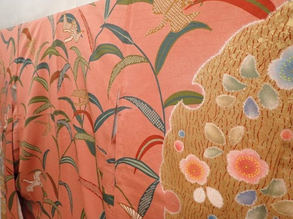 Photo2: 6910T13z1200  Japanese Kimono Silk FURISODE Leaf Dark coral (2)