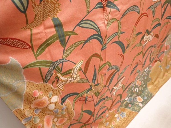 Photo3: 6910T13z1200  Japanese Kimono Silk FURISODE Leaf Dark coral (3)