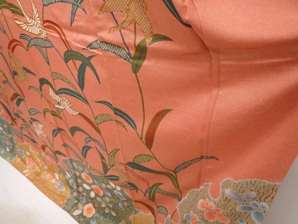 Photo4: 6910T13z1200  Japanese Kimono Silk FURISODE Leaf Dark coral (4)