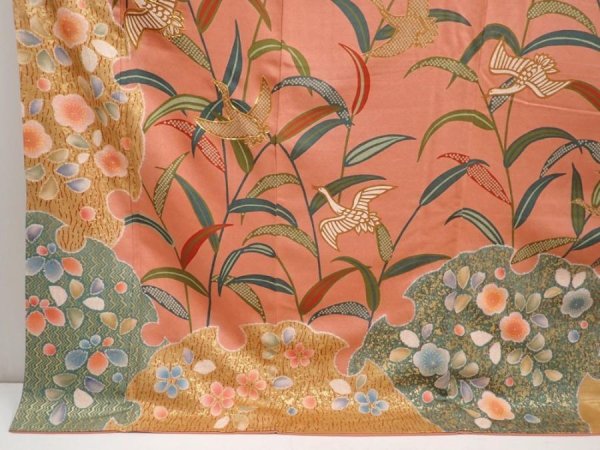 Photo6: 6910T13z1200  Japanese Kimono Silk FURISODE Leaf Dark coral (6)
