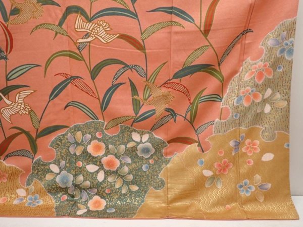 Photo7: 6910T13z1200  Japanese Kimono Silk FURISODE Leaf Dark coral (7)