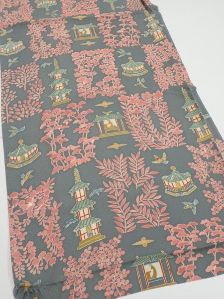 Photo2: 2V01z60  Japanese Kimono Silk  FABRIC Temple Green-Gray 40.9x14.2 (2)