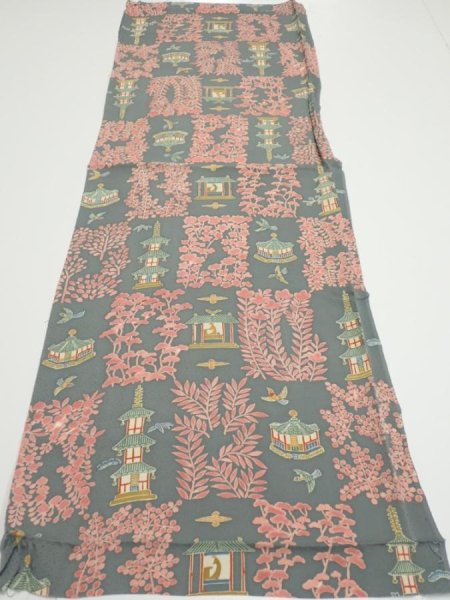 Photo5: 2V01z60  Japanese Kimono Silk  FABRIC Temple Green-Gray 40.9x14.2 (5)