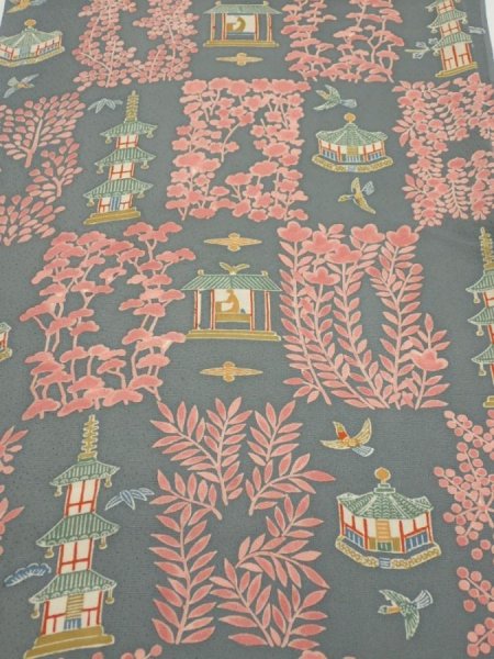 Photo1: 2V02z50  Japanese Kimono Silk  FABRIC Temple Green-Gray 40.9x14.2 (1)
