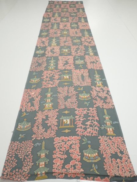 Photo5: 2V05z80  Japanese Kimono Silk  FABRIC Temple Green-Gray 64.6x14.0 (5)