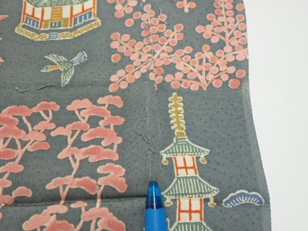 Photo7: 2V05z80  Japanese Kimono Silk  FABRIC Temple Green-Gray 64.6x14.0 (7)