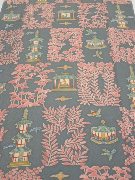 Photo1: 2V06z80  Japanese Kimono Silk  FABRIC Temple Green-Gray 64.6x14.2 (1)