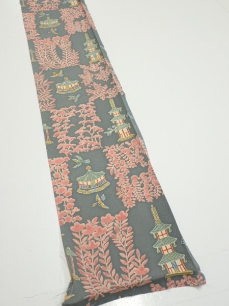 Photo2: 2V07z40  Japanese Kimono Silk  FABRIC Temple Green-Gray 56.7x7.1 (2)