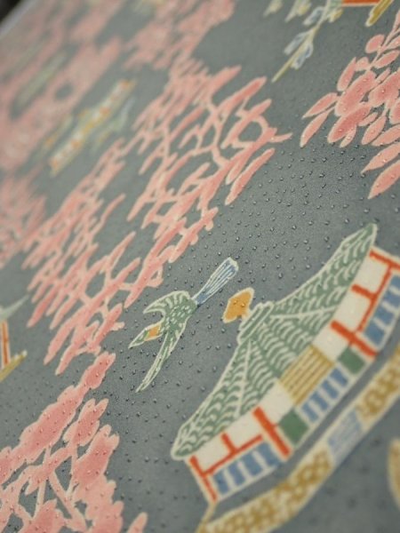 Photo4: 2V07z40  Japanese Kimono Silk  FABRIC Temple Green-Gray 56.7x7.1 (4)