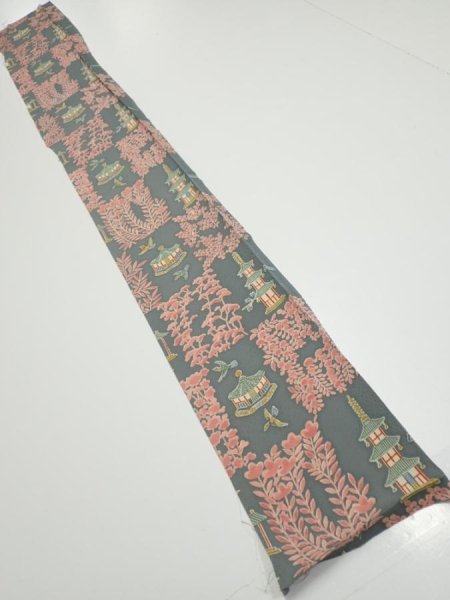 Photo5: 2V07z40  Japanese Kimono Silk  FABRIC Temple Green-Gray 56.7x7.1 (5)