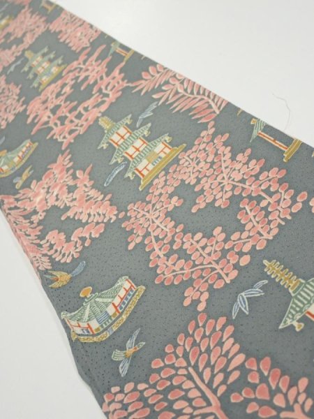Photo1: 2V08z40  Japanese Kimono Silk  FABRIC Temple Green-Gray 56.7x7.1 (1)