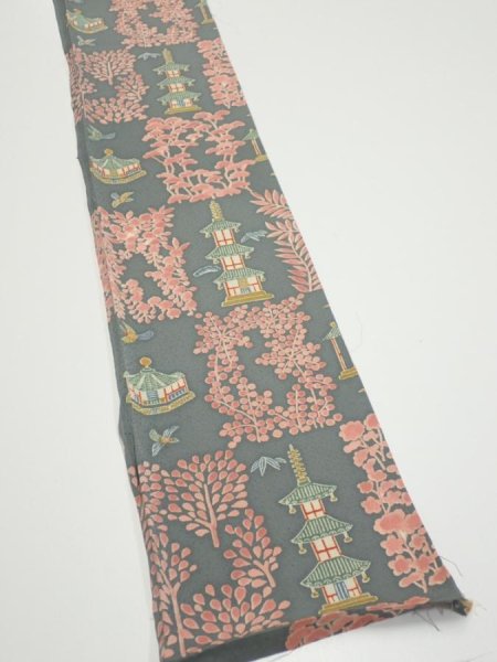 Photo2: 2V08z40  Japanese Kimono Silk  FABRIC Temple Green-Gray 56.7x7.1 (2)