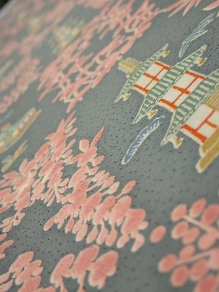 Photo4: 2V08z40  Japanese Kimono Silk  FABRIC Temple Green-Gray 56.7x7.1 (4)