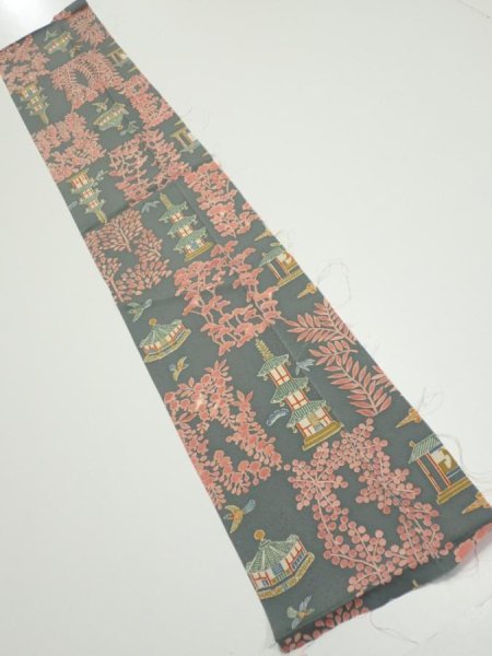 Photo1: 2V09z30  Japanese Kimono Silk  FABRIC Temple Green-Gray 37.8x6.9 (1)