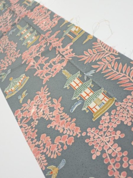 Photo2: 2V09z30  Japanese Kimono Silk  FABRIC Temple Green-Gray 37.8x6.9 (2)