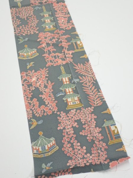 Photo3: 2V09z30  Japanese Kimono Silk  FABRIC Temple Green-Gray 37.8x6.9 (3)