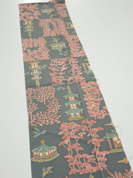 Photo4: 2V09z30  Japanese Kimono Silk  FABRIC Temple Green-Gray 37.8x6.9 (4)