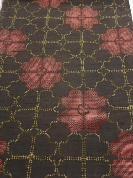 Photo1: 2V02z50  Japanese Kimono Silk TSUMUGI FABRIC Flower Black 41.3x14.4 (1)