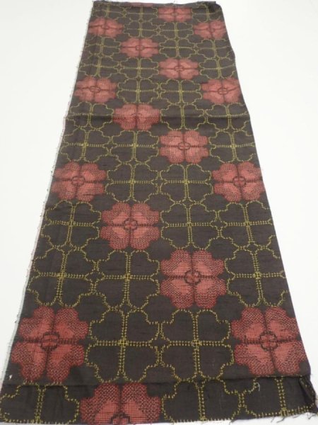 Photo5: 2V02z50  Japanese Kimono Silk TSUMUGI FABRIC Flower Black 41.3x14.4 (5)