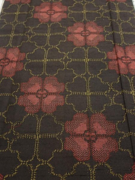 Photo1: 2V04z80  Japanese Kimono Silk TSUMUGI FABRIC Flower Black 63.0x14.4 (1)