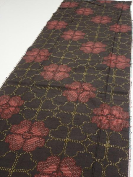 Photo3: 2V04z80  Japanese Kimono Silk TSUMUGI FABRIC Flower Black 63.0x14.4 (3)