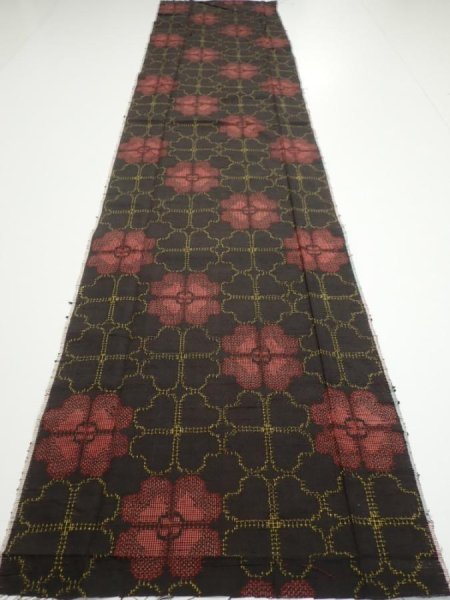 Photo5: 2V06z80  Japanese Kimono Silk TSUMUGI FABRIC Flower Black 63.0x14.4 (5)