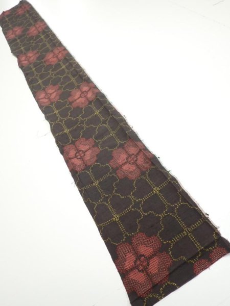 Photo5: 2V07z40  Japanese Kimono Silk TSUMUGI FABRIC Flower Black 56.7x7.1 (5)