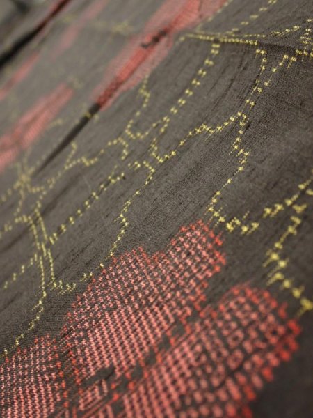 Photo4: 2V09z50  Japanese Kimono Silk TSUMUGI FABRIC Flower Black 77.2x7.1 (4)