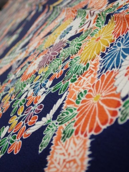 Photo4: 2R03z80  Japanese Kimono Silk  FABRIC Flowers Dark navy 63.8x14.8 (4)
