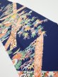 Photo1: 2R07z40  Japanese Kimono Silk  FABRIC Flowers Dark navy 57.1x7.7 (1)