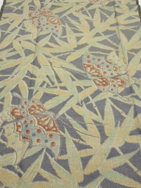 Photo1: 2R05z60  Japanese Kimono Silk TSUMUGI FABRIC Butterfly Navy-Gray 58.3x14.6 (1)