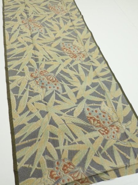 Photo2: 2R06z60  Japanese Kimono Silk TSUMUGI FABRIC Butterfly Navy-Gray 58.3x14.6 (2)
